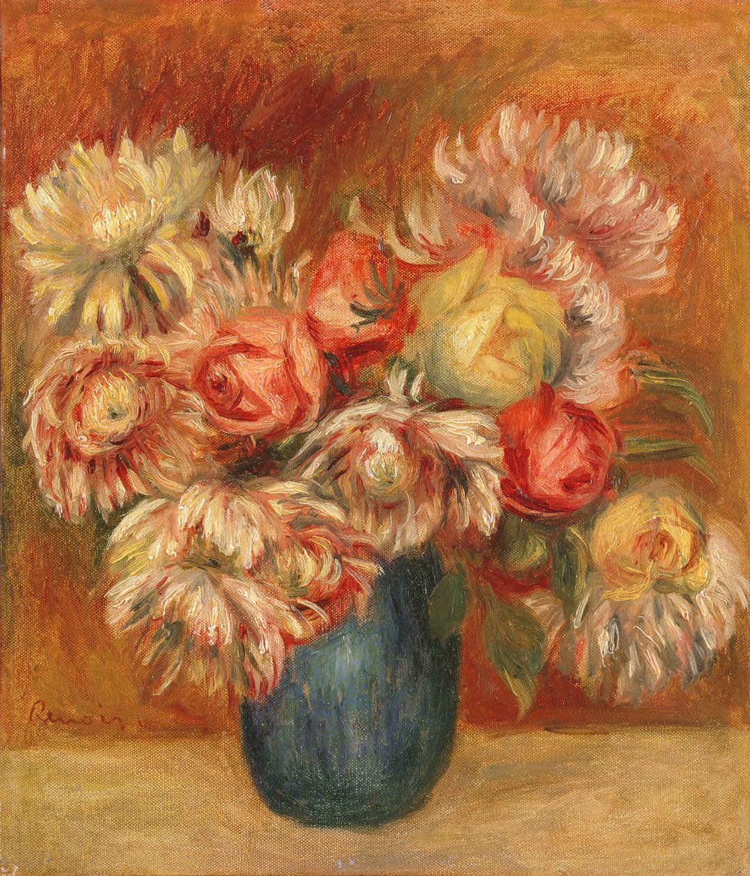 Chryzantemy w zielonym wazonie (olej na płótnie) autorstwa Pierre Auguste Renoir