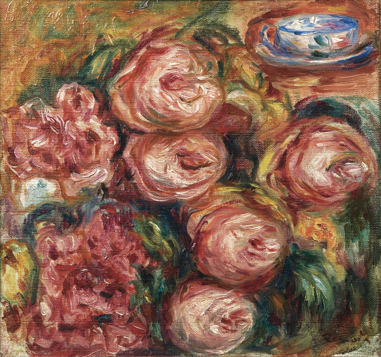 Kompozycja z różami i filiżanką herbaty autorstwa Pierre Auguste Renoir