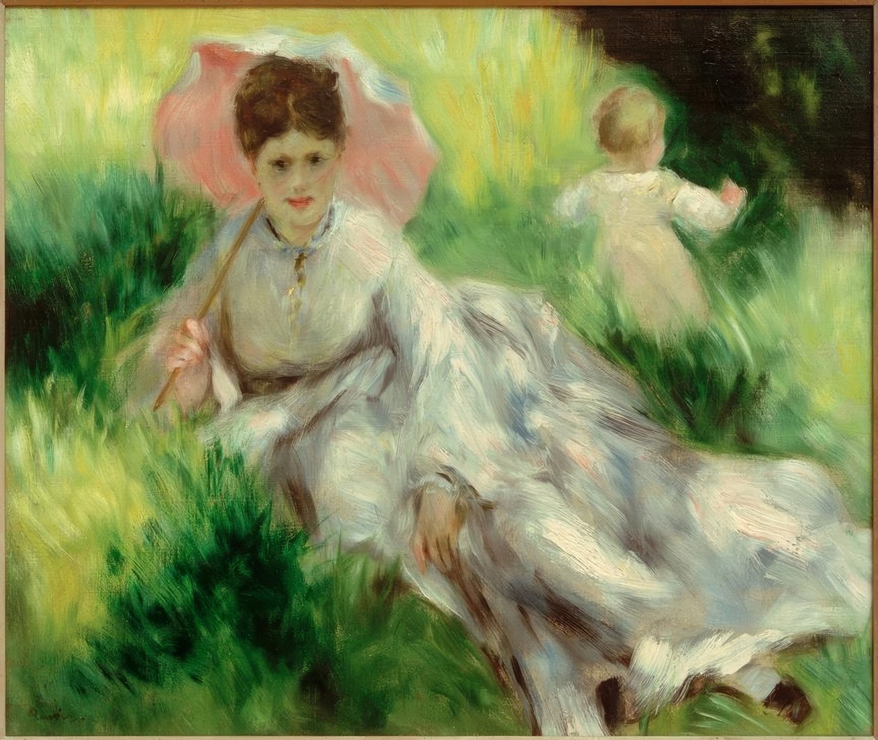 Kobieta z parasolką i dzieckiem na słonecznym stoku autorstwa Pierre Auguste Renoir