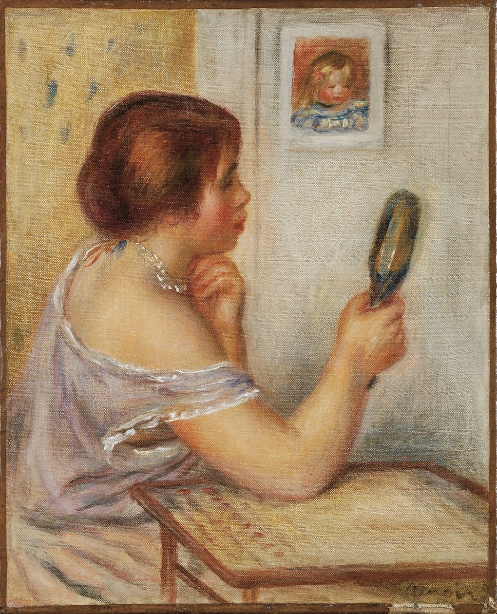 Gabrielle trzymająca lustro lub Marie Dupuis trzymająca lustro z portretem Coco, początek XX wieku autorstwa Pierre Auguste Renoir