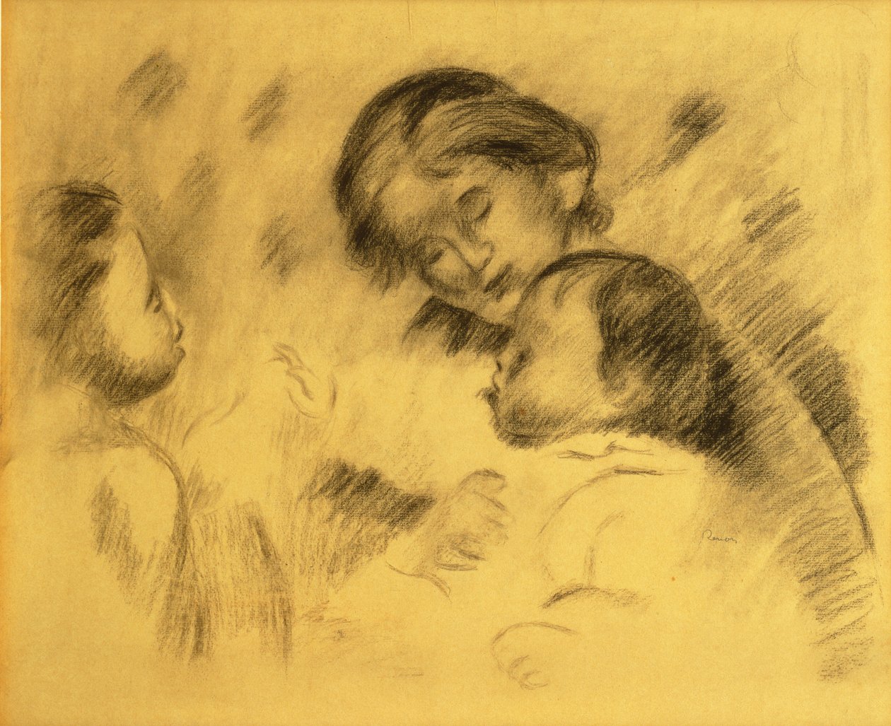 Gabrielle Renard z Jean Renoir i małą dziewczynką, ok. 1895-96 (czarna kreda na tablicy) autorstwa Pierre Auguste Renoir