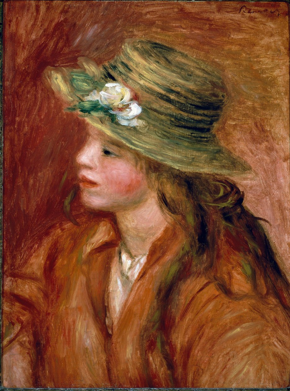 Dziewczyna w słomianym kapeluszu. Obraz Pierre Auguste Renoir (Pierre-Auguste autorstwa Pierre Auguste Renoir