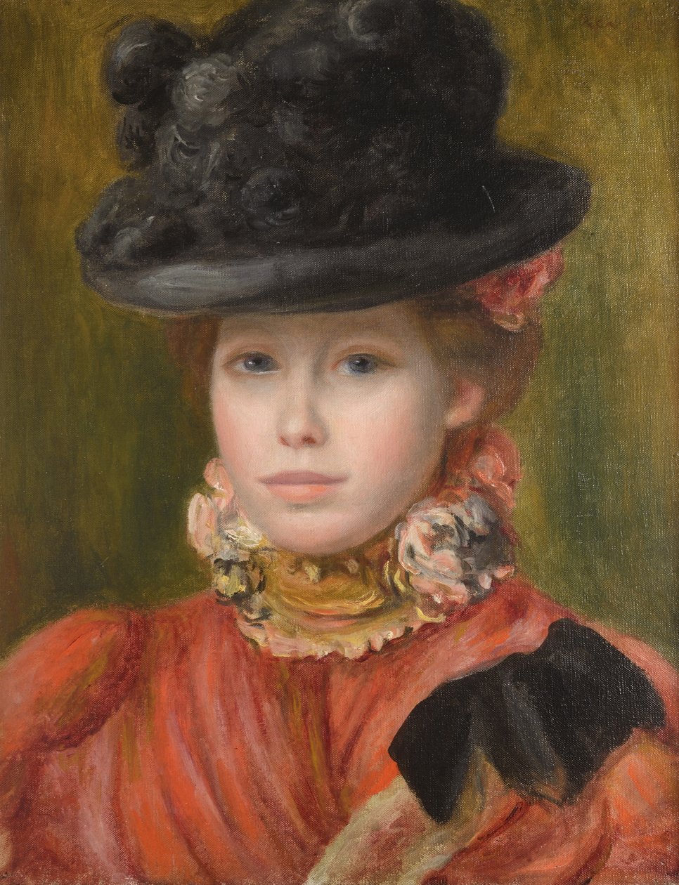 Dziewczyna w czarnym kapeluszu z czerwonymi kwiatami, ok. 1900 r. 1890 autorstwa Pierre Auguste Renoir