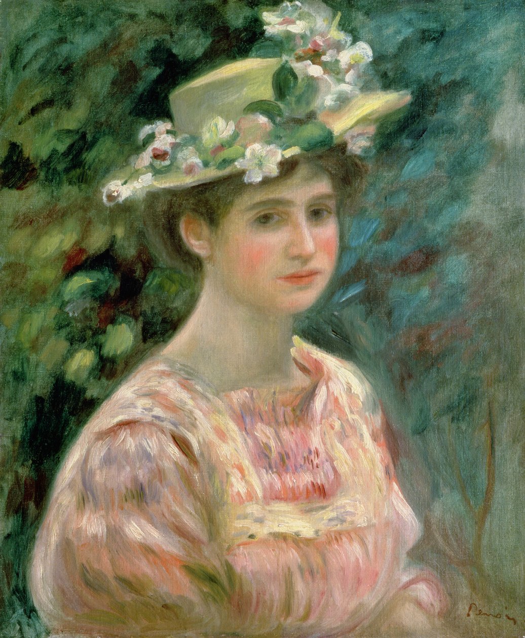 Dziewczynka z eglantynami na czapce, ok. 1896 autorstwa Pierre Auguste Renoir
