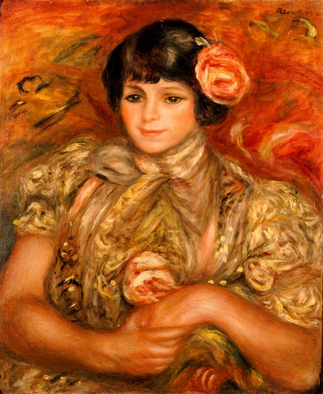 Dziewczyna z różą (olej na płótnie) autorstwa Pierre Auguste Renoir