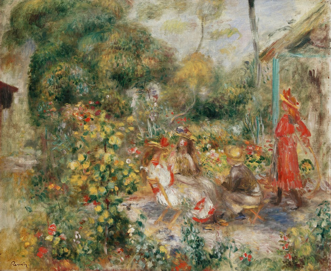 Dziewczyny w ogrodzie na Montmartre; Dziewczyny w ogrodzie na Montmartrze, ok. 1893-5 autorstwa Pierre Auguste Renoir