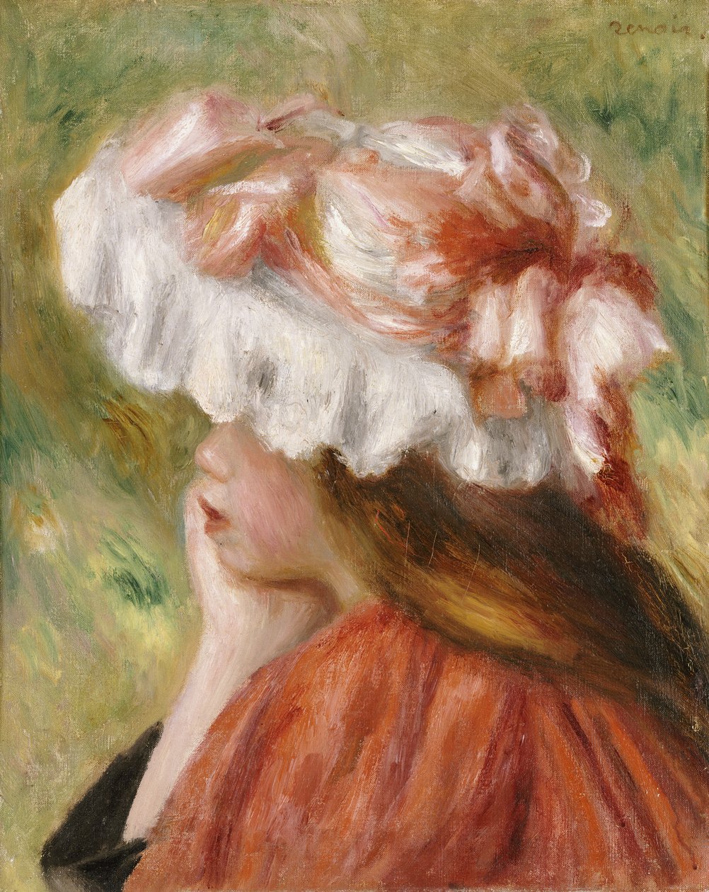Głowa młodej dziewczyny w czerwonym kapeluszu autorstwa Pierre Auguste Renoir
