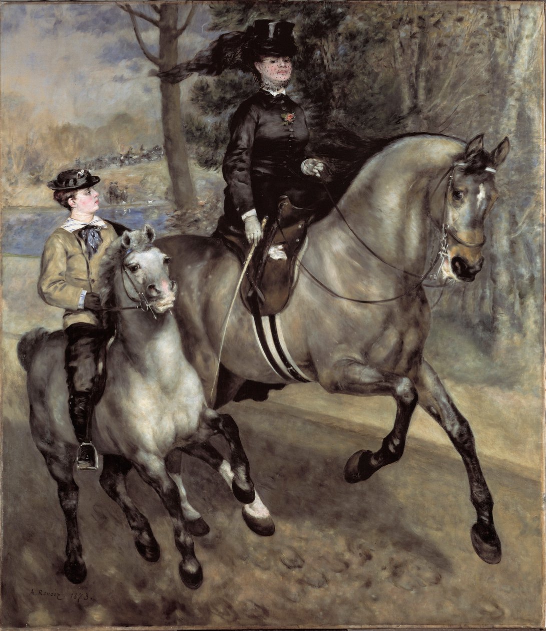 Jeźdźcy (lub jazda konna) w Bois de Boulogne. Obraz Pierre Auguste Renoir (Pierre-Auguste autorstwa Pierre Auguste Renoir