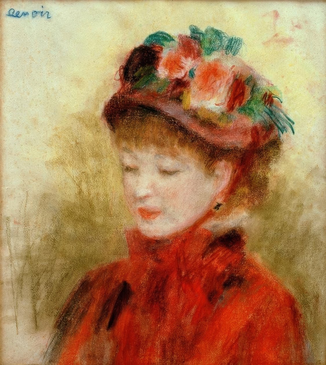 Młoda kobieta w kapeluszu i z kwiatami autorstwa Pierre Auguste Renoir