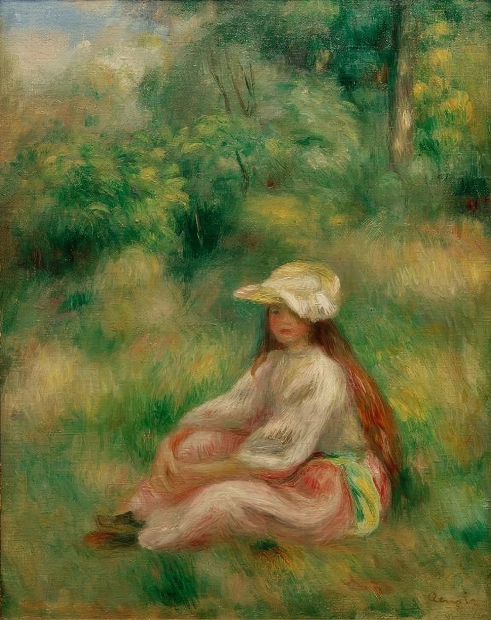 Dziewczyna w różu w krajobrazie autorstwa Pierre Auguste Renoir