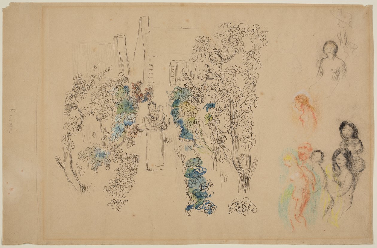 Krajobraz i figury (ołówek, tusz, wc i kredka na papierze) autorstwa Pierre Auguste Renoir