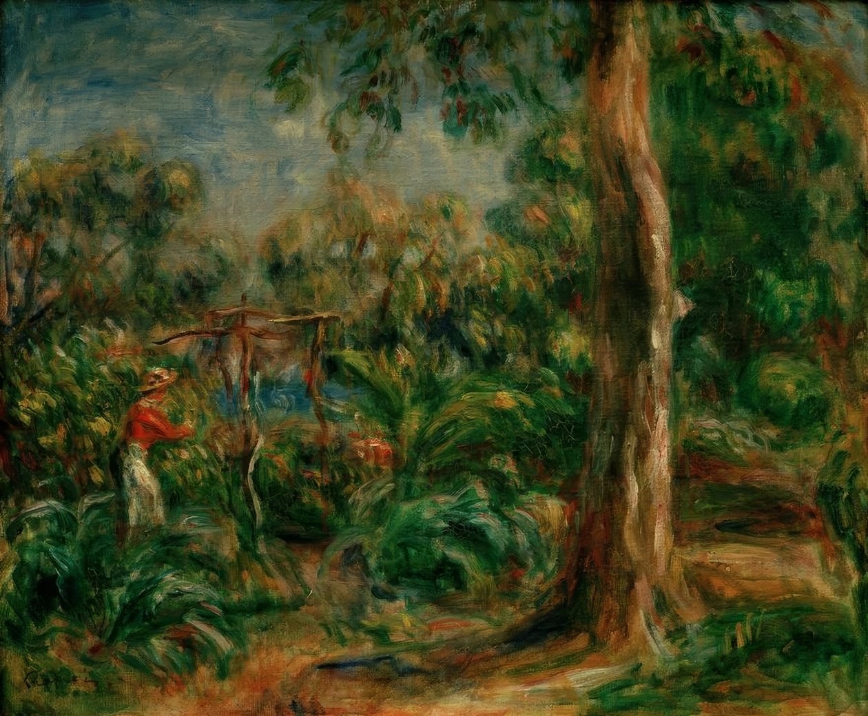 Wielkie drzewo. Kobieta z czerwonym gorsetem w ogrodzie Ca autorstwa Pierre Auguste Renoir