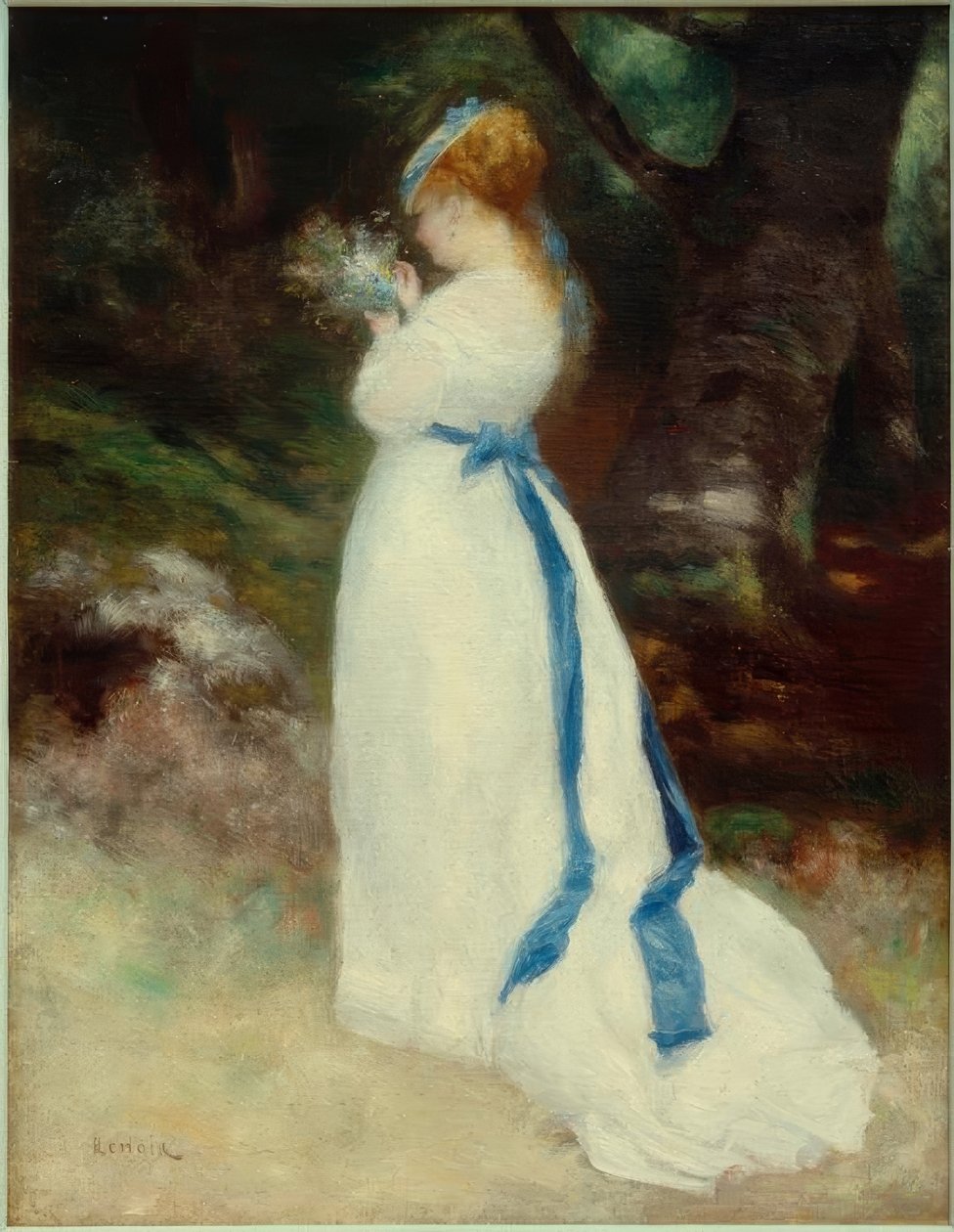 Lise z bukietem kwiatów na polu autorstwa Pierre Auguste Renoir