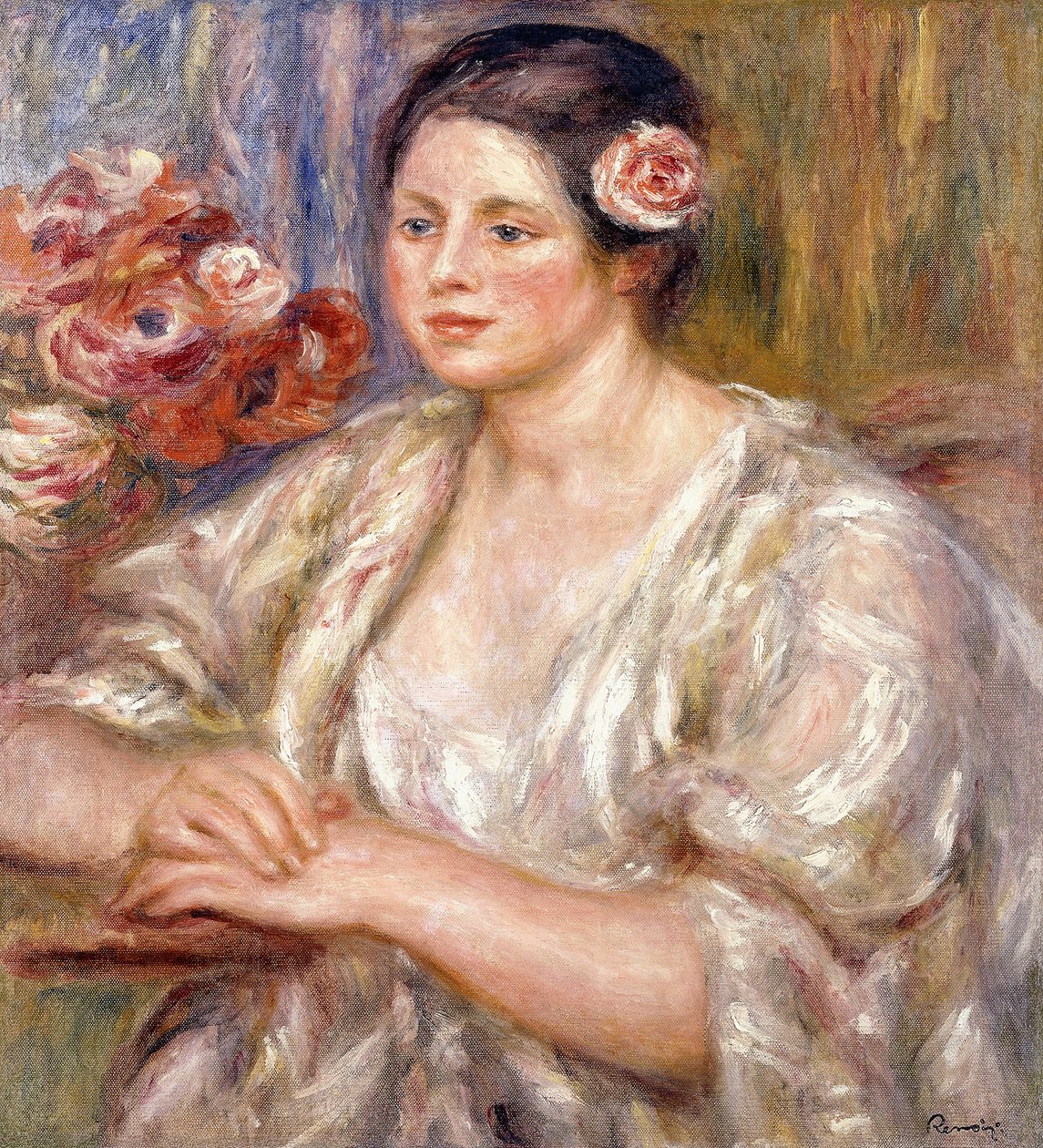 Madeleine w białej bluzce i bukiecie kwiatów, ok. 1915-1919 autorstwa Pierre Auguste Renoir