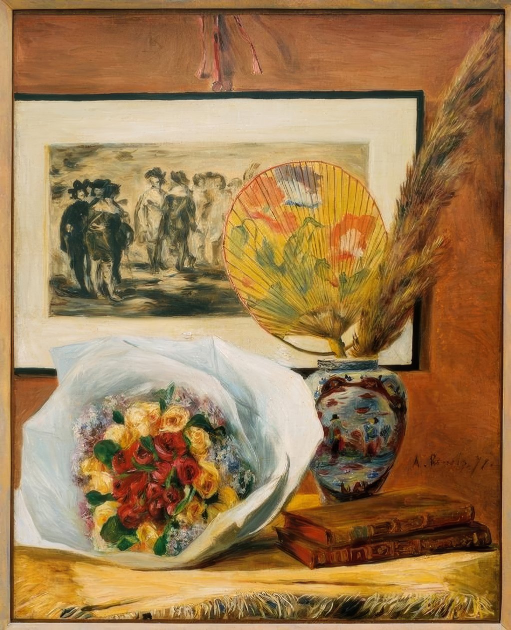 Martwa natura z bukietem i wachlarzem autorstwa Pierre Auguste Renoir