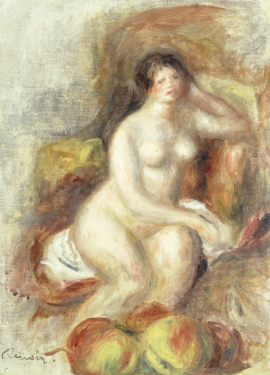 Naga Kobieta Siedząca z Jabłkami; Siedząca naga kobieta i jabłka, ok. 1908 r. autorstwa Pierre Auguste Renoir