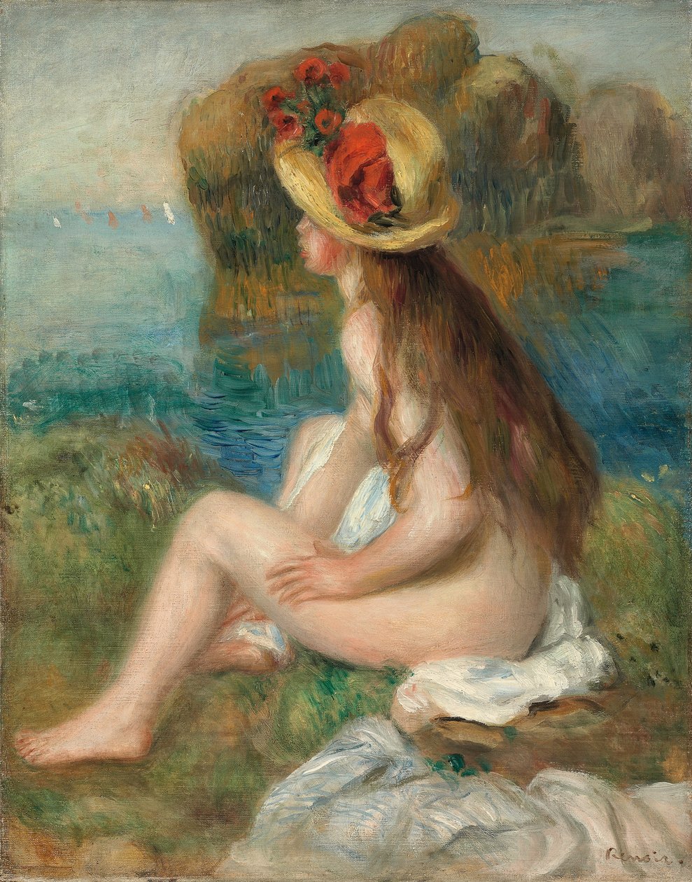 Akt w słomkowym kapeluszu nad morzem, 1892 autorstwa Pierre Auguste Renoir