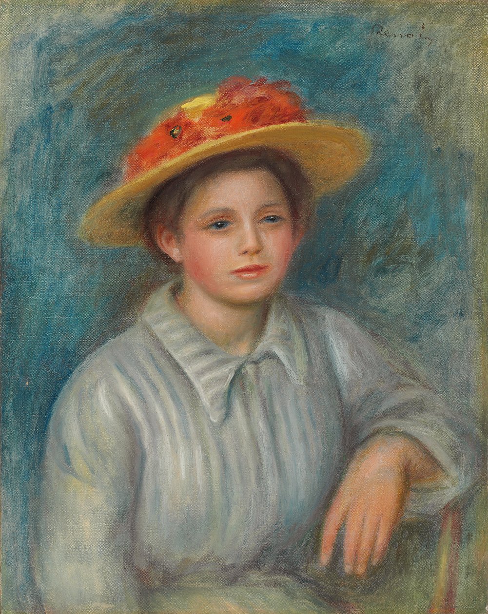 Portret kobiety w kapeluszu z kwiatami; Portret kobiety w kwiecistym kapeluszu, ok. 1890 r. autorstwa Pierre Auguste Renoir