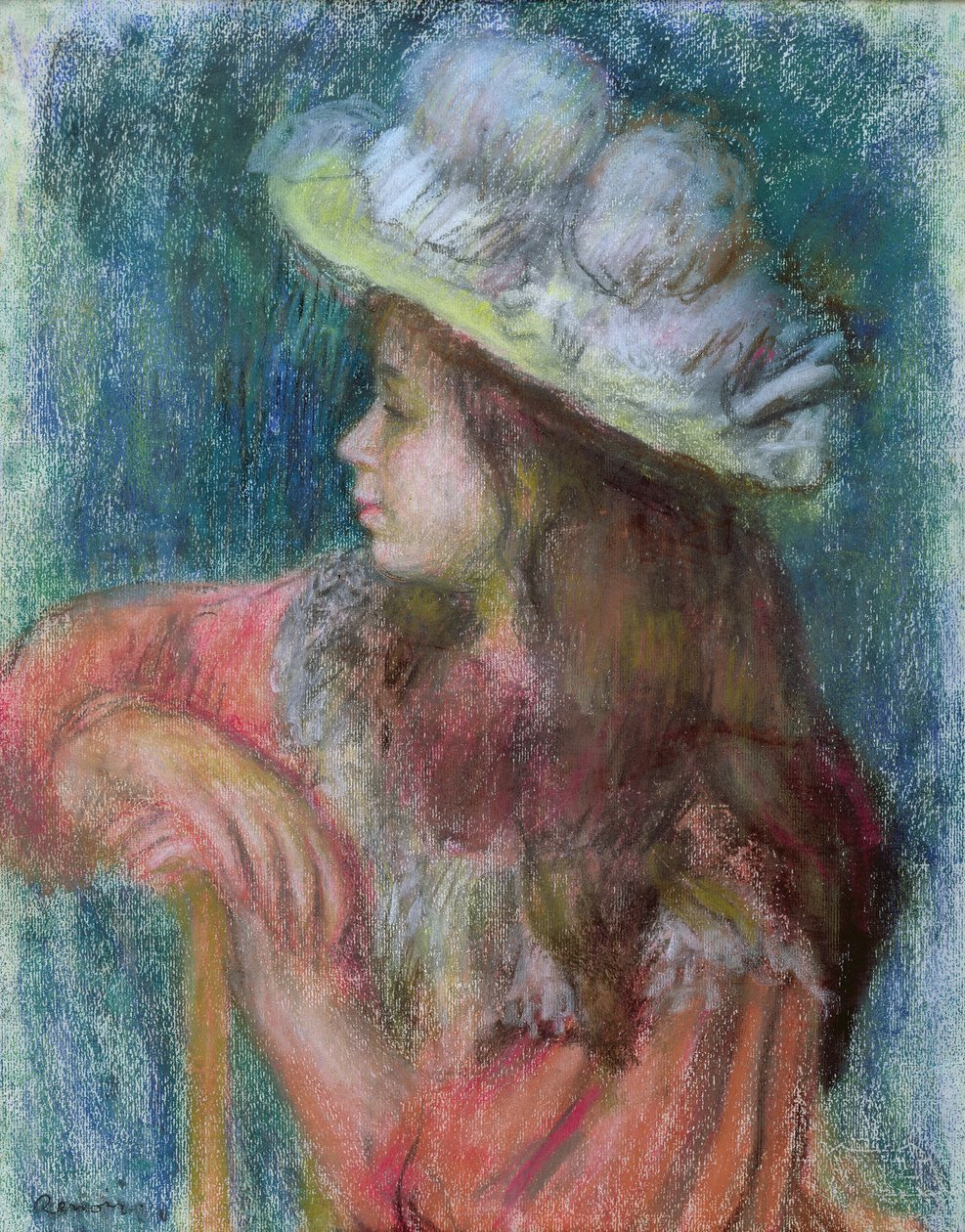 Siedząca młoda dziewczyna w białym kapeluszu, 1884 (pastel na papierze) autorstwa Pierre Auguste Renoir
