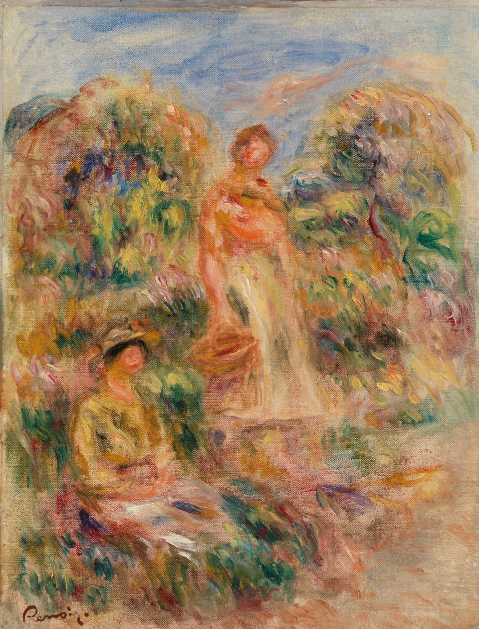 Kobieta stojąca i siedząca w krajobrazie autorstwa Pierre Auguste Renoir