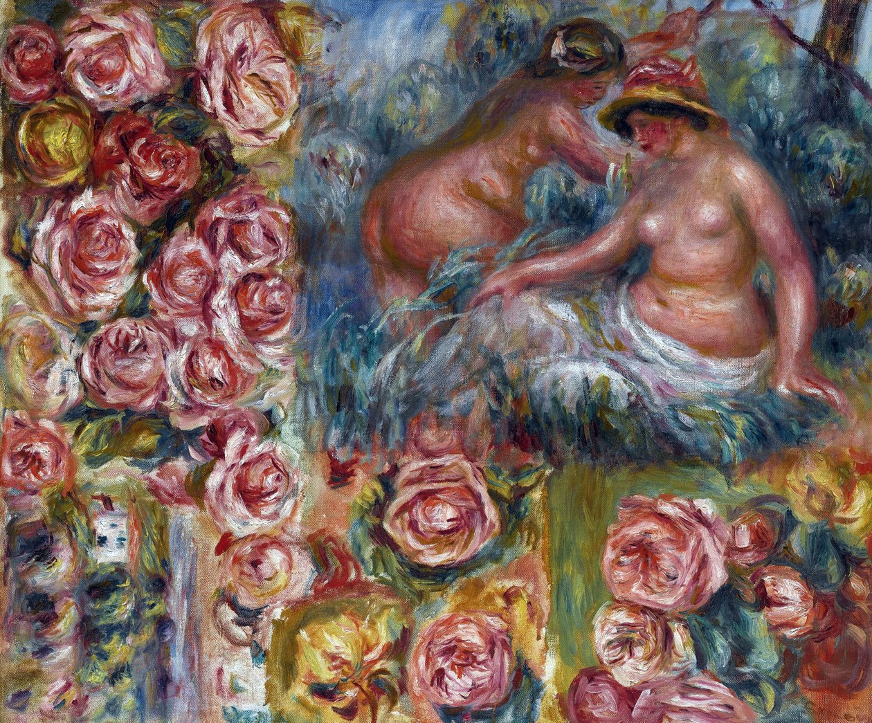 Studium nagich postaci kobiecych i kwiatów par Renoir, Pierre Auguste (1841-1919). Olej na płótnie, format: 54,6x64,7, ok. 1915, kolekcja prywatna autorstwa Pierre Auguste Renoir