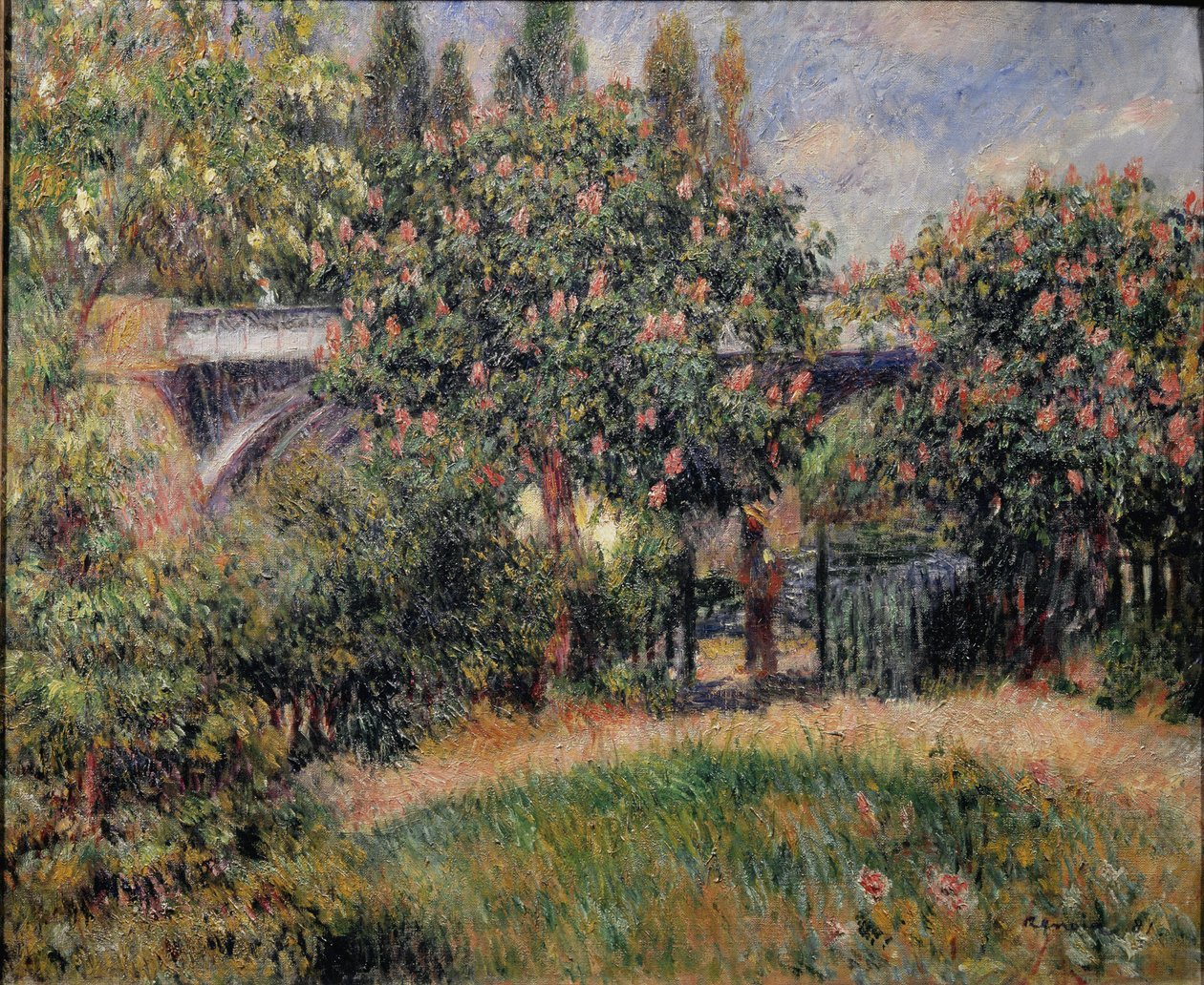 Most kolejowy w Chatou lub różowe kasztany - 1881. Olej na płótnie autorstwa Pierre Auguste Renoir