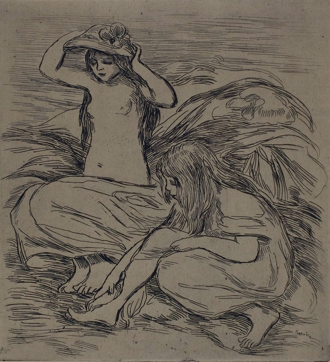 Dwie kąpiące się kobiety, ok. 1895 (akwaforta na papierze pergaminowym) autorstwa Pierre Auguste Renoir