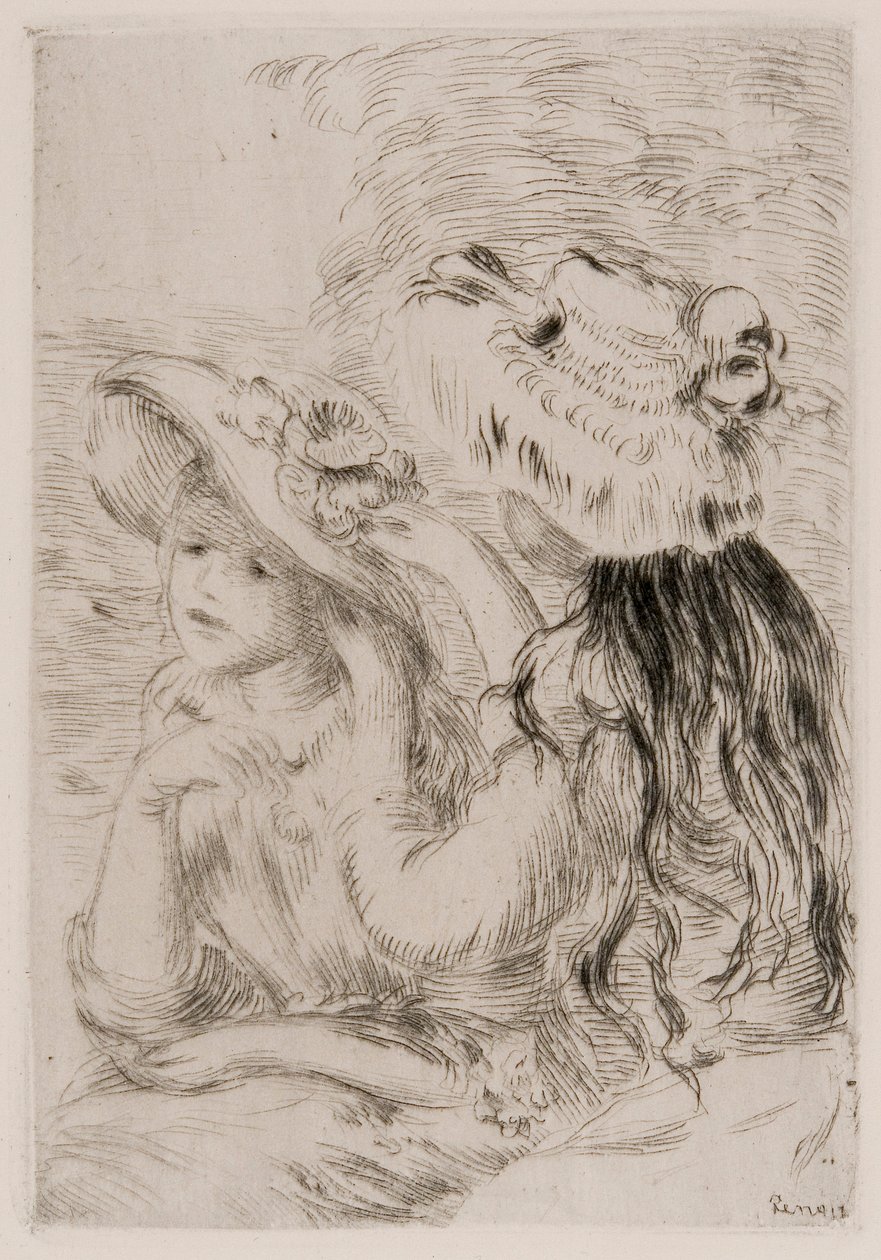 Dwie młode dziewczyny przypinające kwiaty do kapeluszy, ok. 1897 r. autorstwa Pierre Auguste Renoir