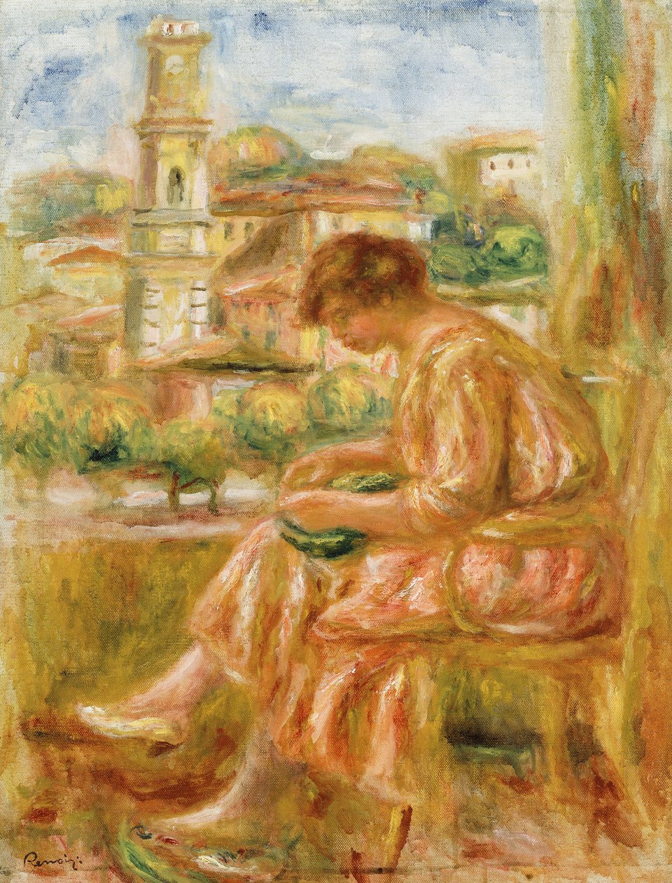 Kobieta przy oknie z widokiem na Starą Niceę, 1918 r. autorstwa Pierre Auguste Renoir