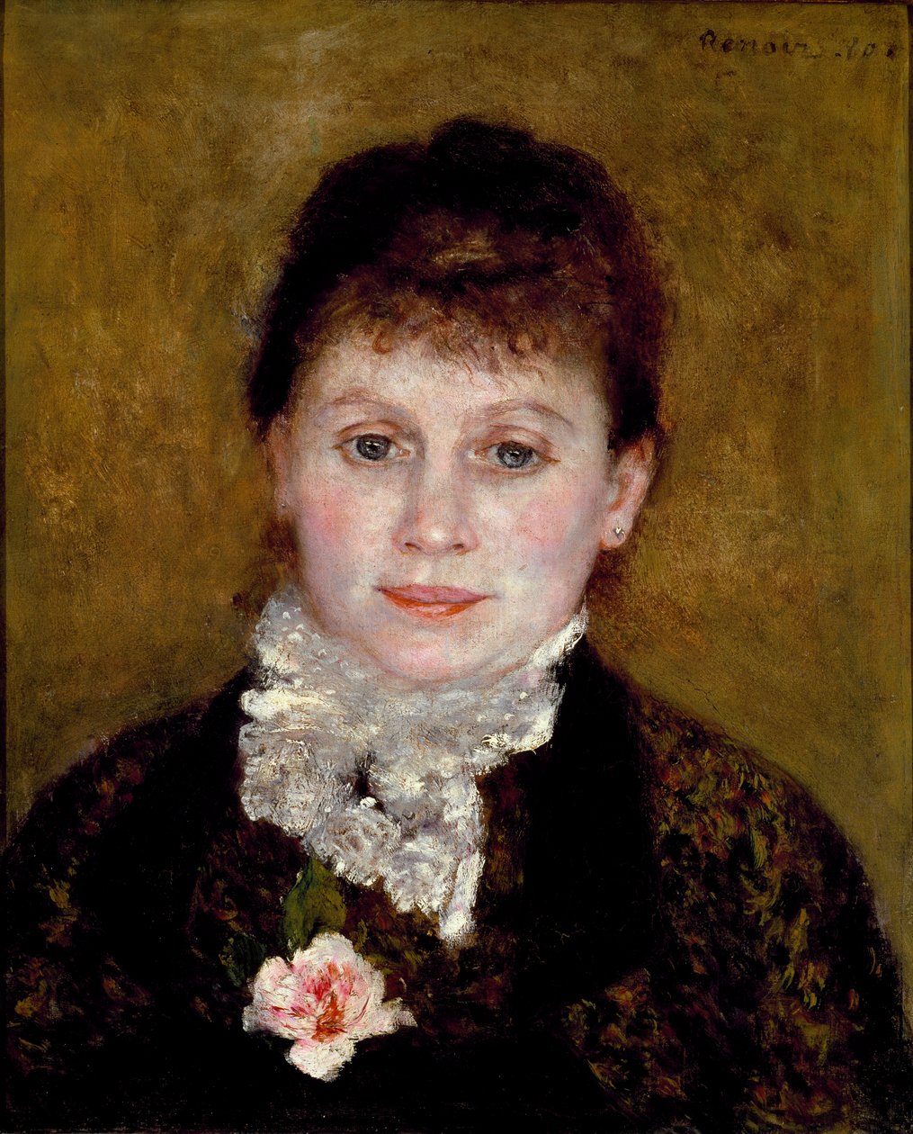 Kobieta ma biały kołnierzyk. Portret kobiety z różą autorstwa Pierre Auguste Renoir
