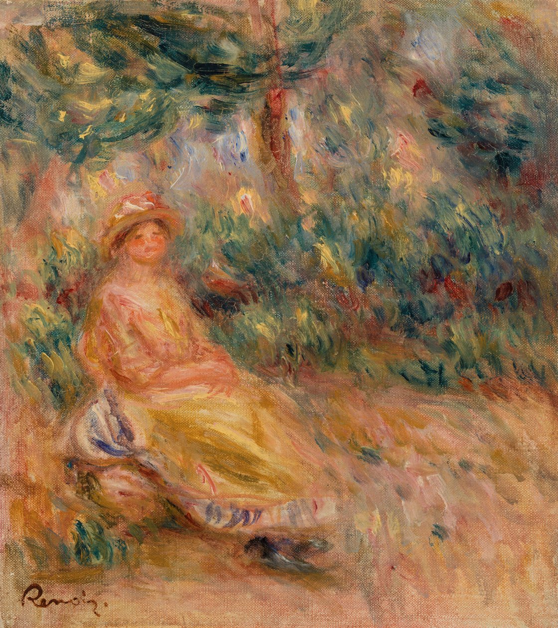 Kobieta w różu i żółci w krajobrazie autorstwa Pierre Auguste Renoir