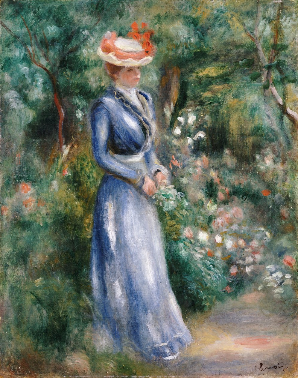Kobieta w niebieskiej sukience stojąca w ogrodzie w Saint-Cloud autorstwa Pierre Auguste Renoir