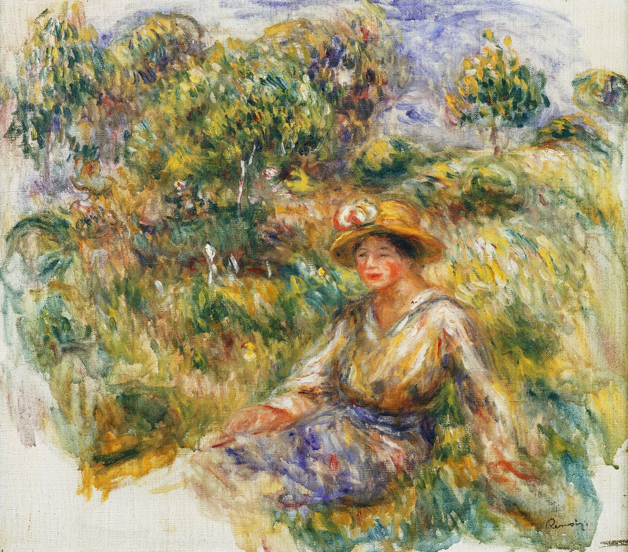 Kobieta w niebieskim kapeluszu siedzi na trawie; Kobieta ubrana na niebiesko w kapeluszu siedząca na trawie, ok. 1916 r. autorstwa Pierre Auguste Renoir