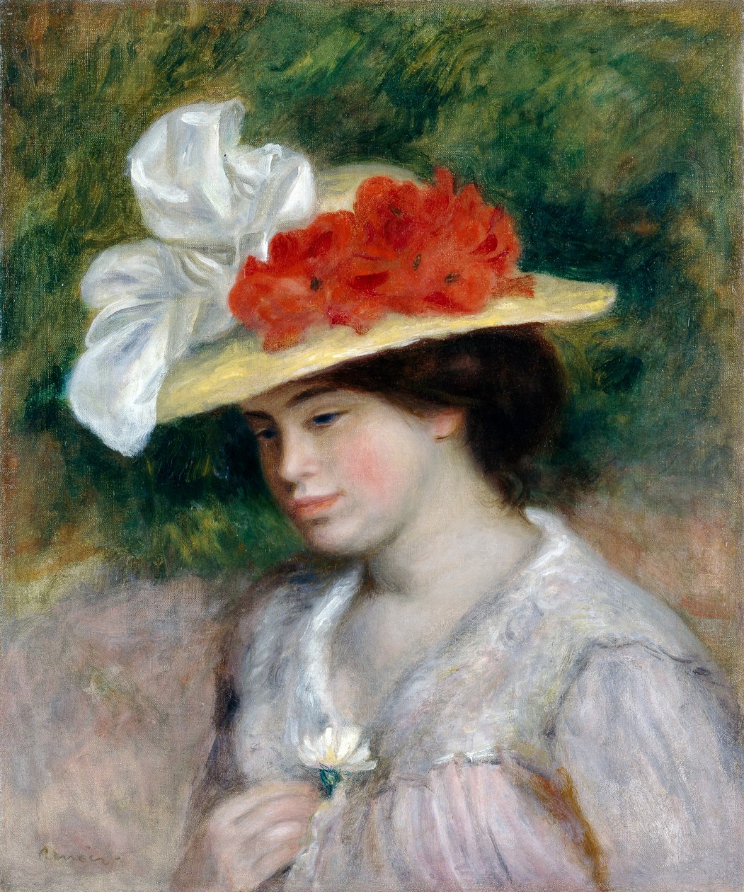 Kobieta w kwiecistym kapeluszu, 1889 autorstwa Pierre Auguste Renoir