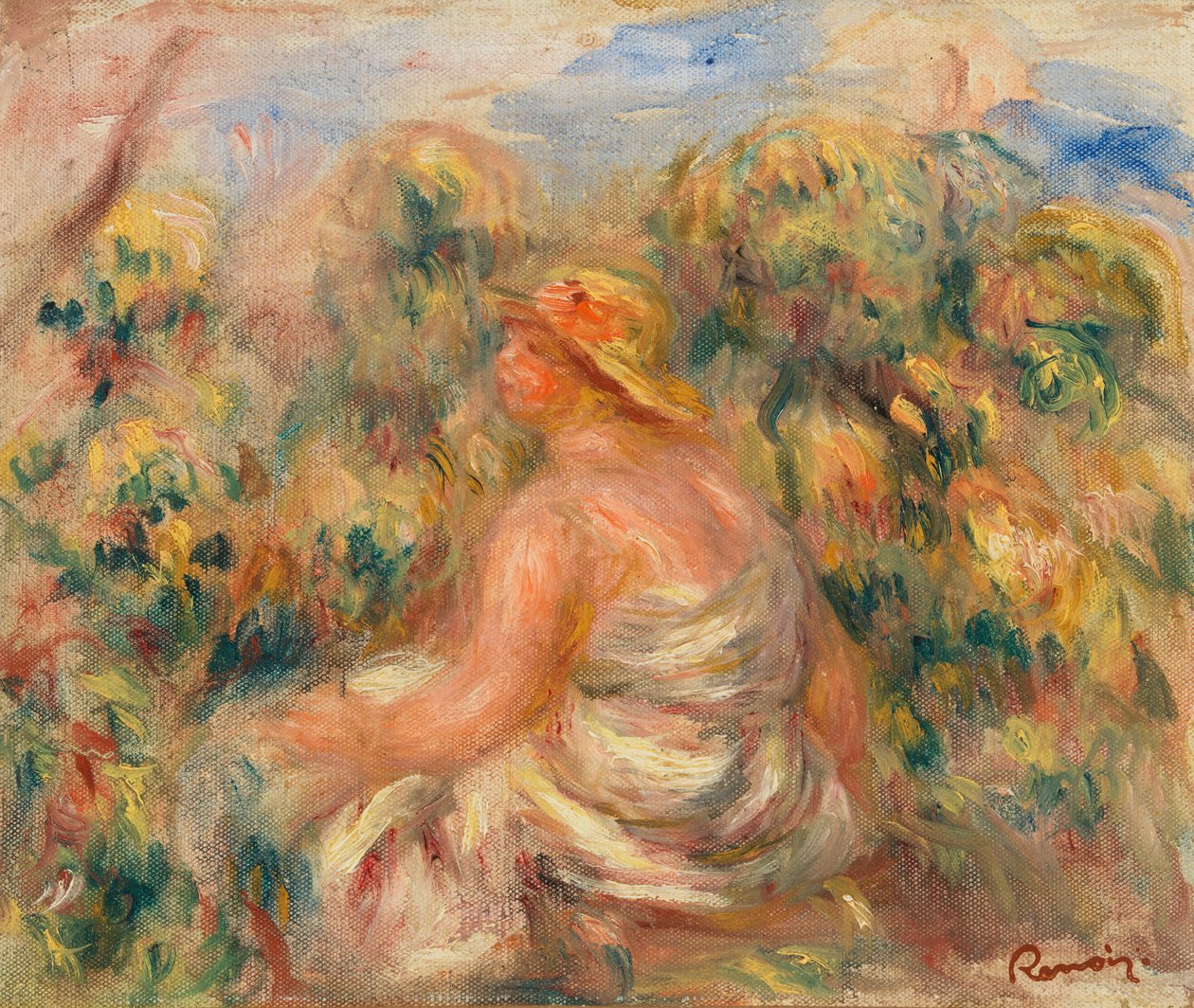 Kobieta w kapeluszu w krajobrazie autorstwa Pierre Auguste Renoir