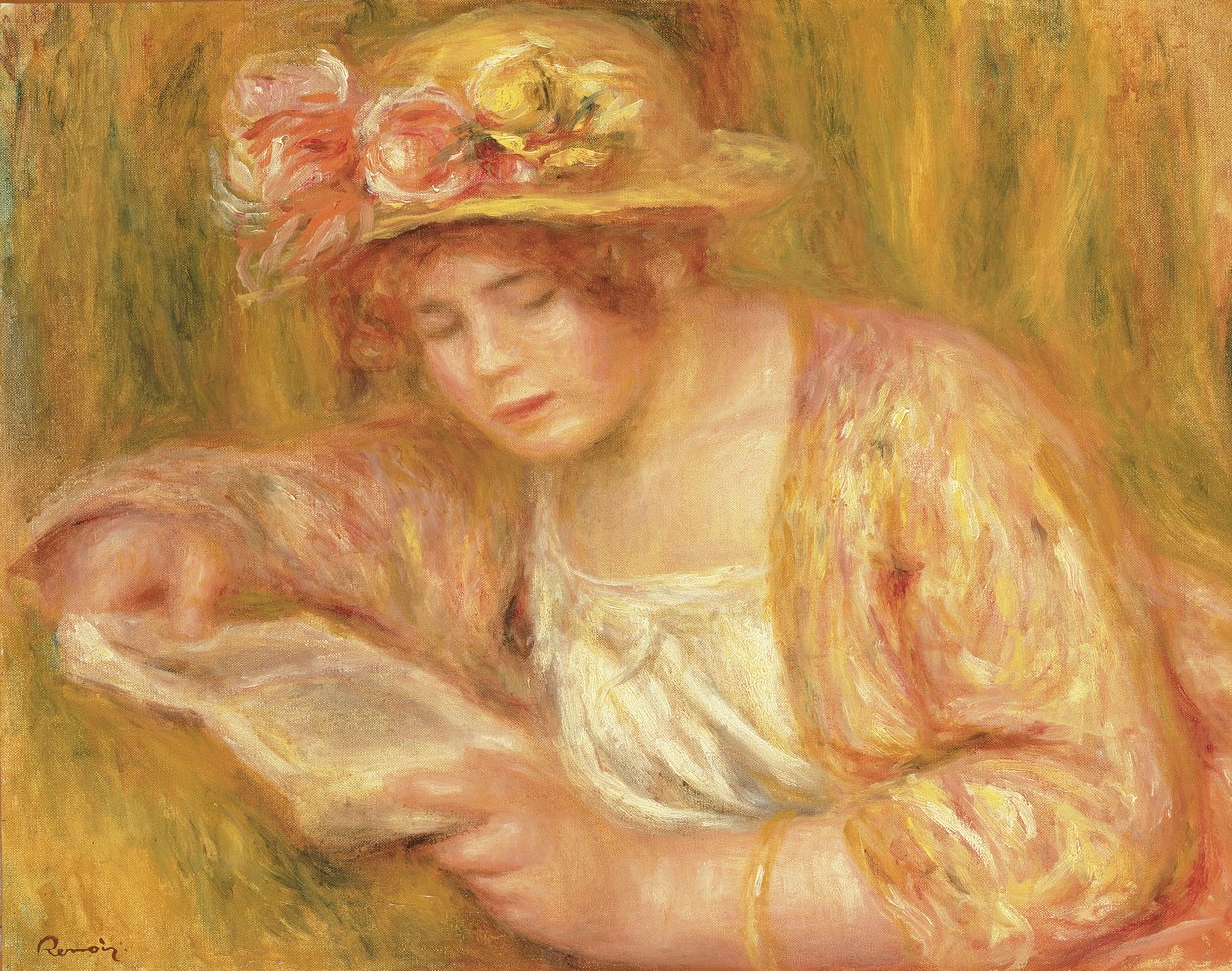Kobieta w kapeluszu czytająca, ok. 1917-18 (olej na płótnie) autorstwa Pierre Auguste Renoir