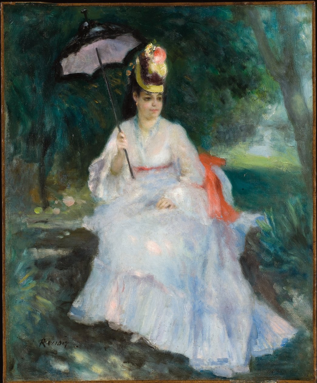 Kobieta z parasolką siedząca w ogrodzie (Lise Trehot) autorstwa Pierre Auguste Renoir