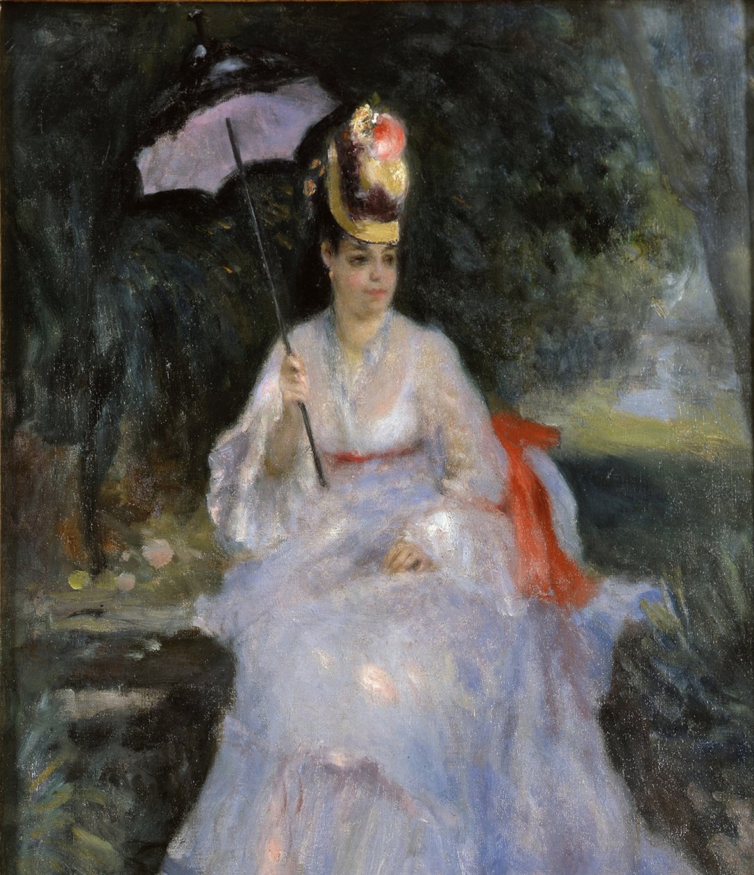 Kobieta z parasolką siedząca w ogrodzie, 1872 autorstwa Pierre Auguste Renoir