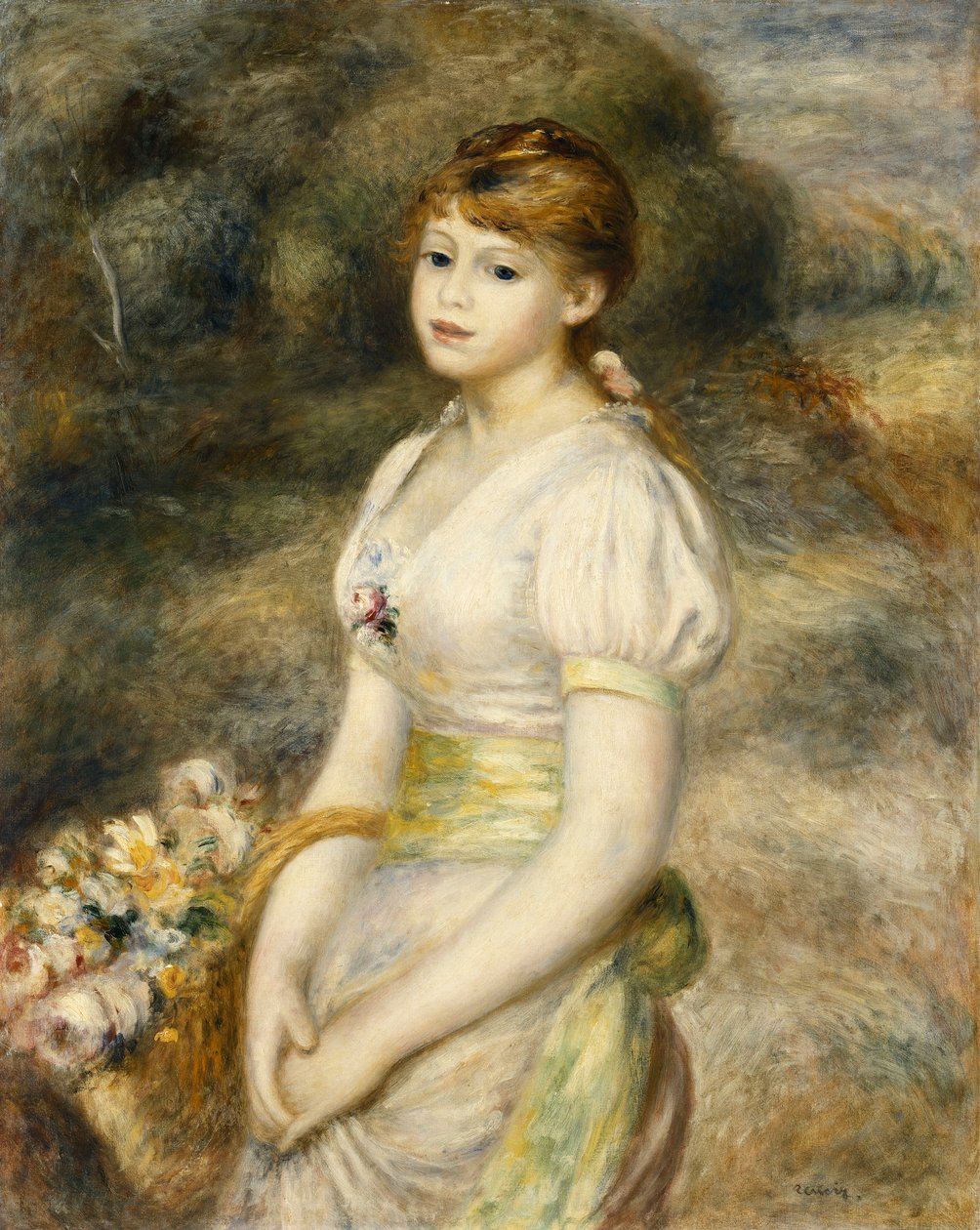 Młoda dziewczyna niosąca kosz kwiatów; Młoda dziewczyna niosąca kosz kwiatów, 1888 autorstwa Pierre Auguste Renoir