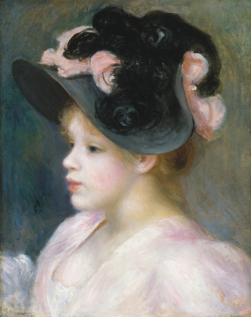 Młoda dziewczyna w różowo-czarnym kapeluszu, ca. 1891. autorstwa Pierre Auguste Renoir