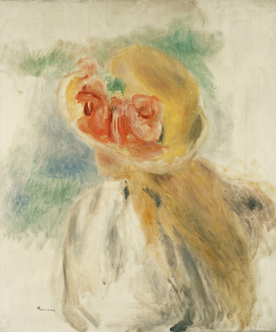 Młoda dziewczyna z kwiatami w jej kapeluszu; Młoda dziewczyna w kwiecistym kapeluszu, ok. 1900-1905 autorstwa Pierre Auguste Renoir