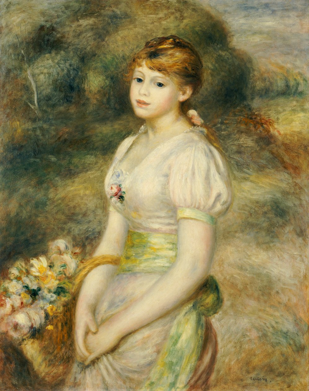 Młoda dziewczyna z koszem kwiatów (olej na płótnie) autorstwa Pierre Auguste Renoir