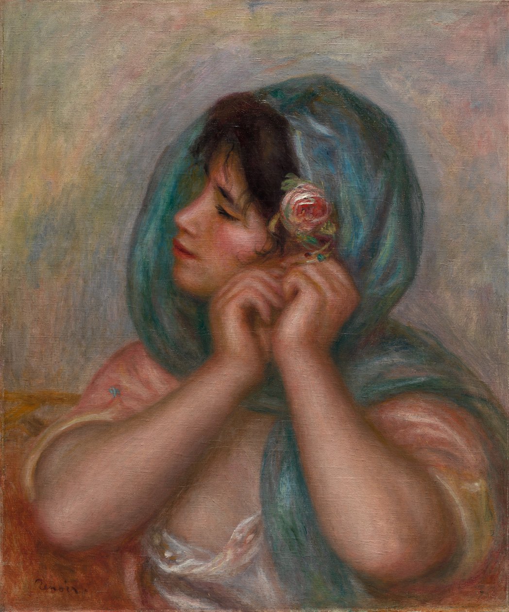 Młoda kobieta układa swój kolczyk autorstwa Pierre Auguste Renoir