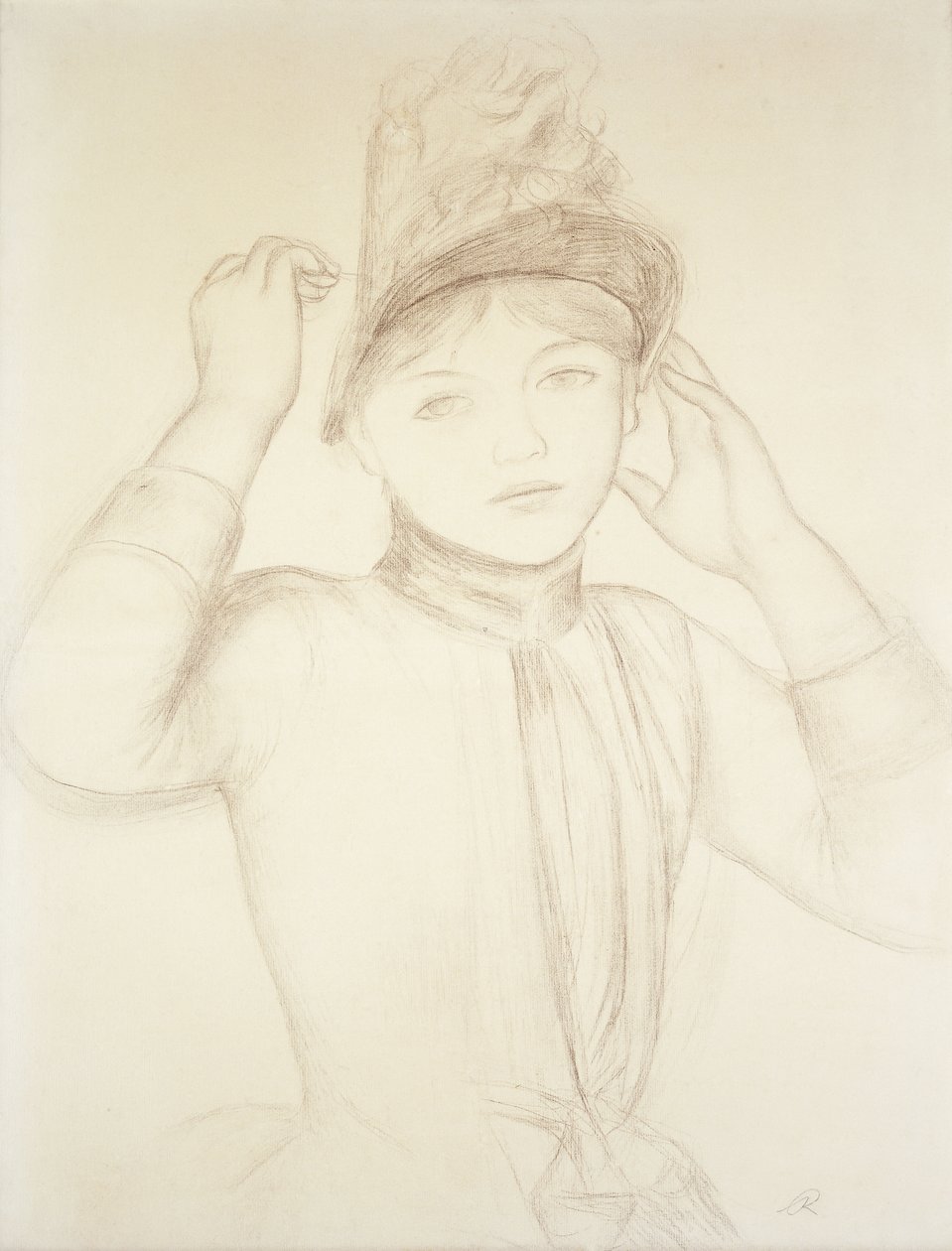 Młoda kobieta organizując jej kapelusz; Młoda dziewczyna układa kapelusz, c.1885 autorstwa Pierre Auguste Renoir