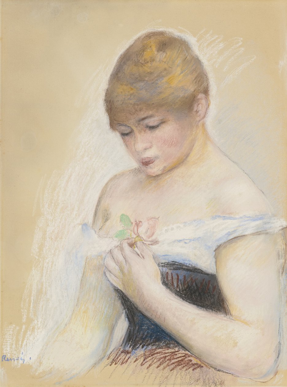 Młoda Kobieta Trzyma Kwiat. Portret aktorki Jeanne Samary, ok. 1930 r. 1880 autorstwa Pierre Auguste Renoir