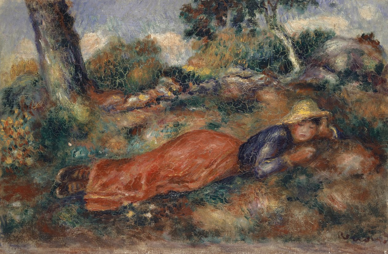 Młoda kobieta leżąca na trawie Młoda kobieta leżąca na trawie, ok. 1890-1895. autorstwa Pierre Auguste Renoir
