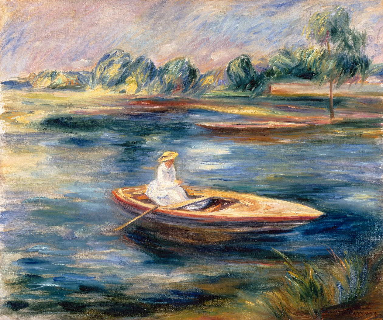 Młoda kobieta siedząca w łodzi wiosłowej (olej na płótnie) autorstwa Pierre Auguste Renoir