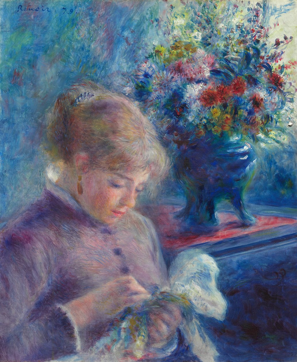 Młoda kobieta szyje autorstwa Pierre Auguste Renoir