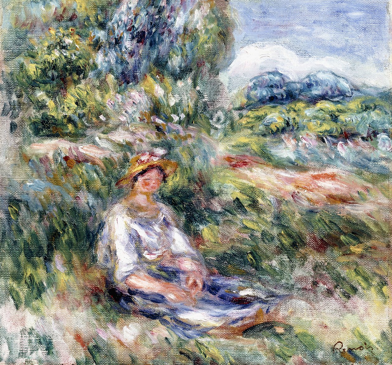 Młoda kobieta siedząca na łące, autorstwa Pierre Auguste Renoir