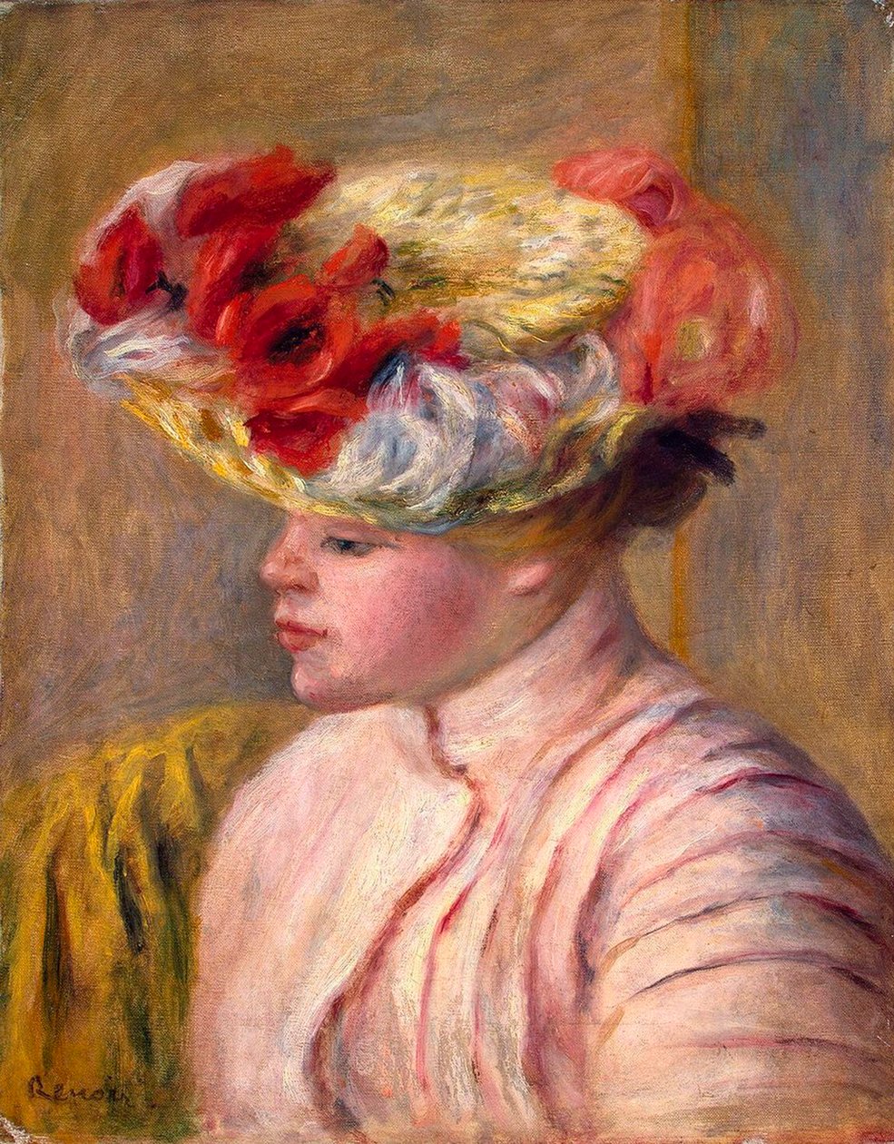 Młoda kobieta w kwiecistym kapeluszu, 1892. autorstwa Pierre Auguste Renoir